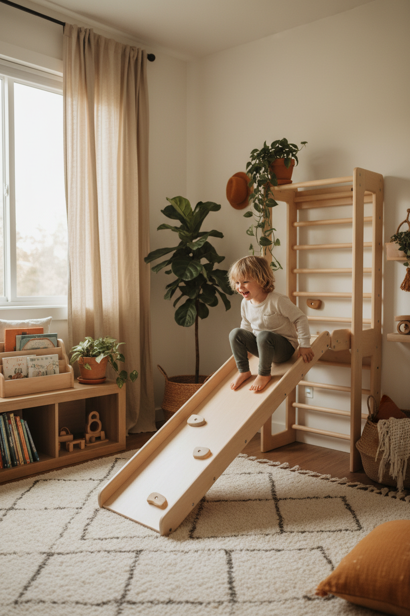 Child sliding on natural wood indoor climbing gym in a cozy Montessori nursery